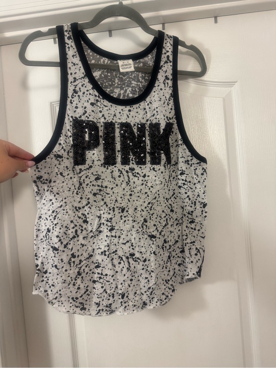PINK Victoria's Secret Tops - PINK Victoria's Secret Black & White Splatter Sequin Logo Tank